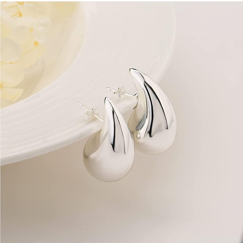Teardrop Earrings f/Women Silver Chunky Hoop Earring Dangle Earrings Water Drop